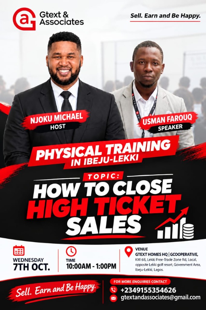 Training flyer showing host Njoku Michael and speaker Usman Farouq for How to Close High Ticket Sales.